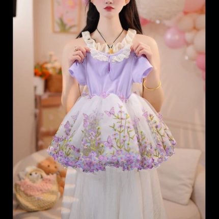 Novo vestido infantil sem mangas estilo princesa, doce e elegante, com estampa de tulipas.