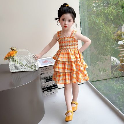 123Vestido infantil laranja elegante e estiloso