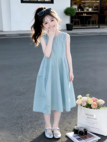 082Um vestido azul elegante e versátil.