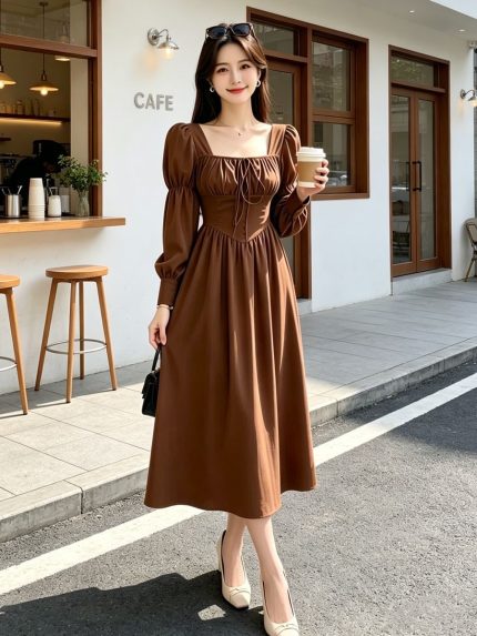 096Vestido marrom elegante e versátil