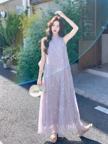French-style ethereal sleeveless halter neck dress