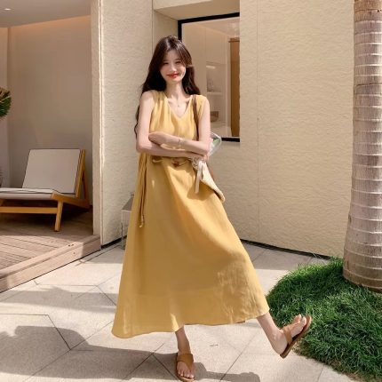 Yellow cotton linen sleeveless dress