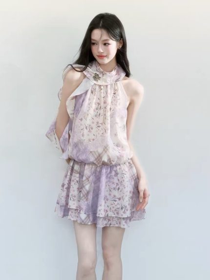 Retro floral halter neck ribbon dress
